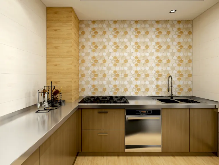 Beige Kitchen Design with hexagonal print wall tiles